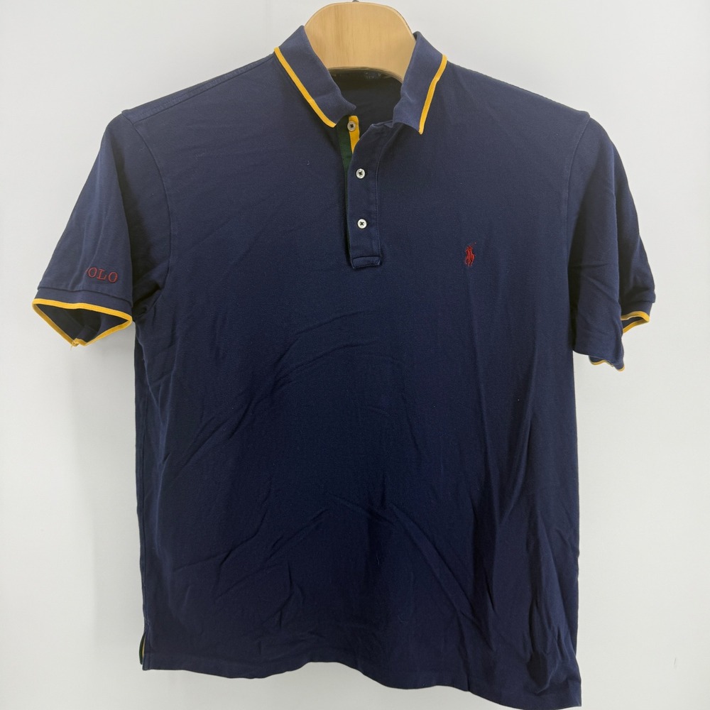 Polo Ralph Lauren Mens XLT Navy Blue Yellow Tipped Mesh Polo Shirt Red Pony Logo